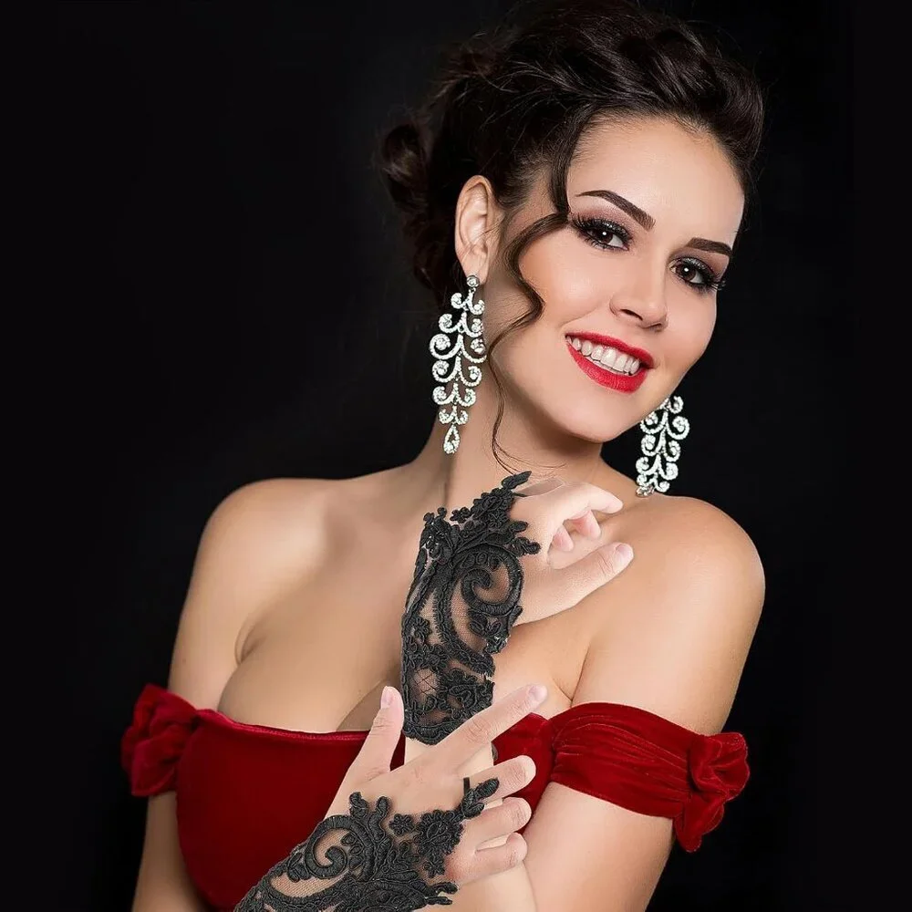 Women's Embroidered Evening Black Short Lace Gloves Halloween Party Prom